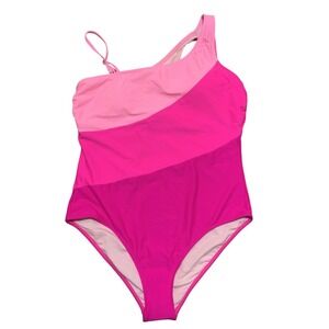 CUPSHE XL New Women Color Contrast One Piece Swimsuit One Shoulder Tummy Control